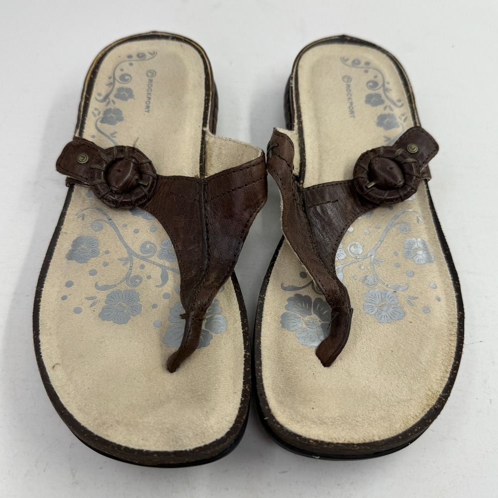 Rockport‎ Women's Sandal Size 9 Flat Thong Buckle Brown Leather Flip Flop